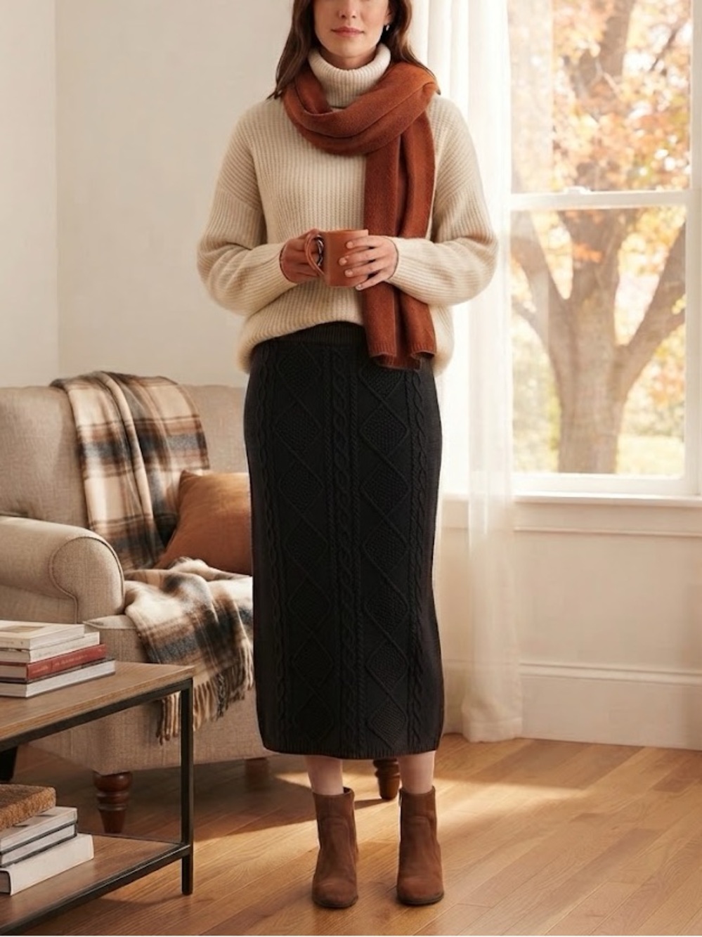 NEW Black Cable Stretchy Knit Bodycon Midi Sweater Skirt
